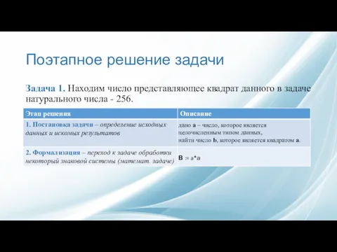 Поэтапное решение задачи Задача 1. Находим число представляющее квадрат данного