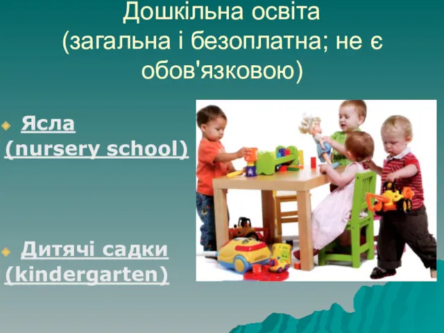 Дошкільна освіта (загальна і безоплатна; не є обов'язковою) Ясла (nursery school) Дитячі садки (kindergarten)