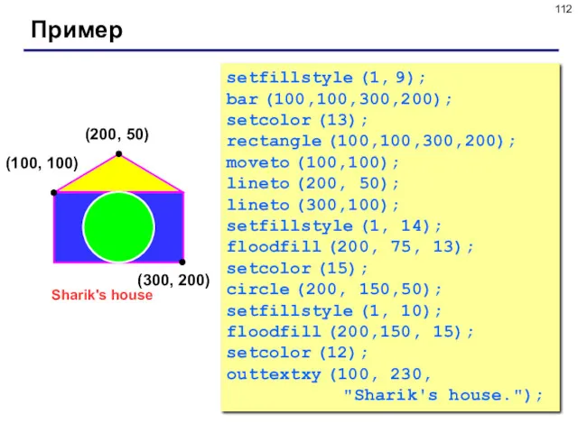 Пример (200, 50) (100, 100) (300, 200) setfillstyle (1, 9);