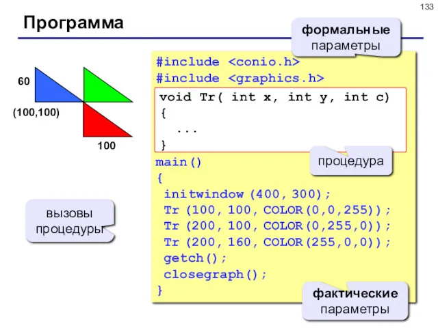 Программа #include #include main() { initwindow (400, 300); Tr (100,