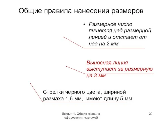 Общие правила нанесения размеров Размерное число пишется над размерной линией