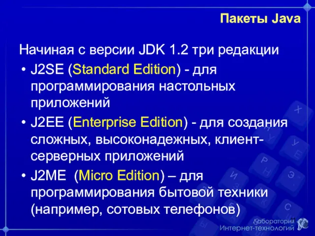 Пакеты Java Начиная с версии JDK 1.2 три редакции J2SE