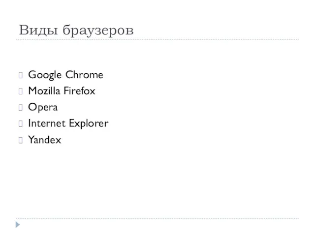 Виды браузеров Google Chrome Mozilla Firefox Opera Internet Explorer Yandex