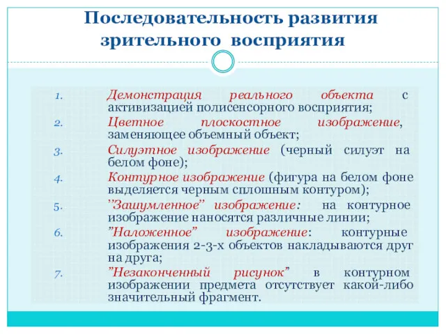 Последовательность развития зрительного восприятия Демонстрация реального объекта с активизацией полисенсорного восприятия; Цветное плоскостное