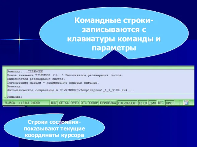 Командные строки-записываются с клавиатуры команды и параметры Строки состояния-показывают текущие координаты курсора