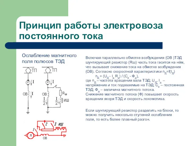 Ослабление магнитного поля полюсов ТЭД Принцип работы электровоза постоянного тока