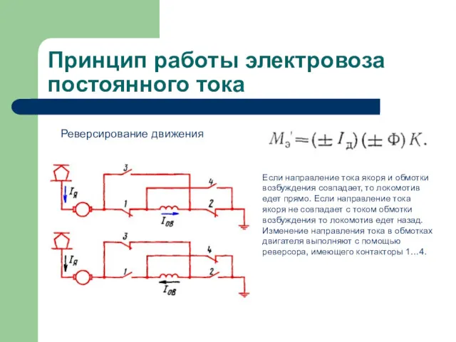 Принцип работы электровоза постоянного тока Если направление тока якоря и