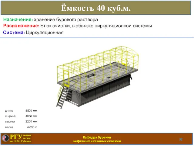 Кафедра бурения нефтяных и газовых скважин Ёмкость 40 куб.м. Расположение: Блок очистки, в