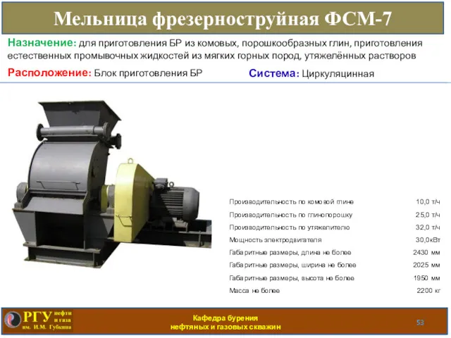 Кафедра бурения нефтяных и газовых скважин Мельница фрезерноструйная ФСМ-7 Расположение: Блок приготовления БР