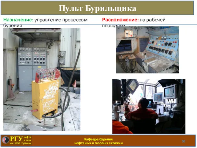 Кафедра бурения нефтяных и газовых скважин Пульт Бурильщика Расположение: на рабочей площадке Назначение: управление процессом бурения