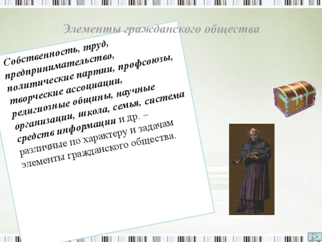 Собственность, труд, предпринимательство, политические партии, профсоюзы, творческие ассоциации, религиозные общины,