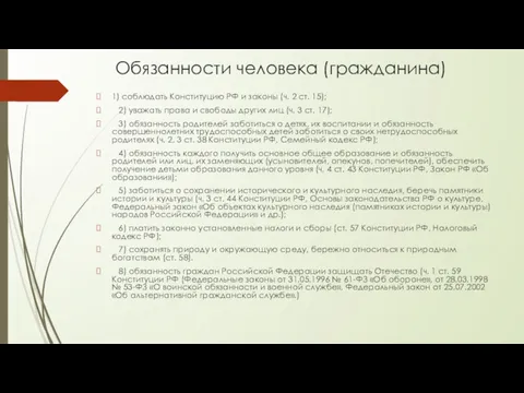 Обязанности человека (гражданина) 1) соблюдать Конституцию РФ и законы (ч.