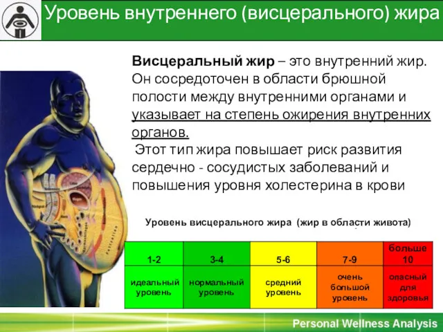 Уровень внутреннего (висцерального) жира Висцеральный жир – это внутренний жир. Он сосредоточен в