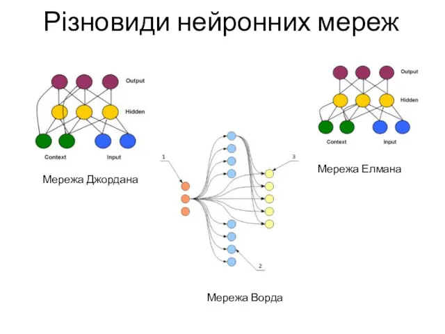 Різновиди нейронних мереж Мережа Джордана Мережа Елмана Мережа Ворда