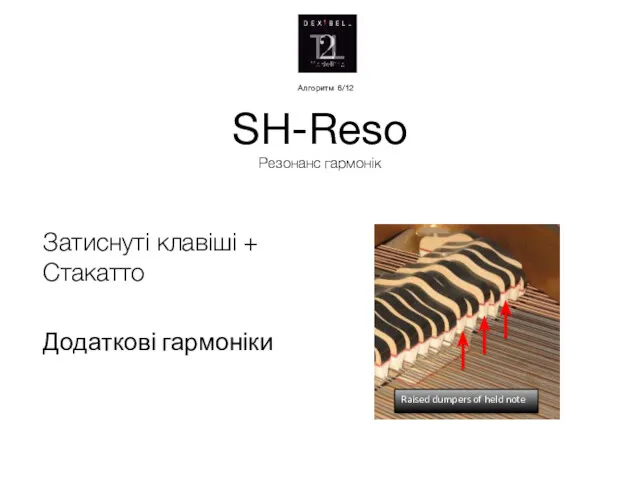 SH-Reso Резонанс гармонік Затиснуті клавіші + Стакатто Додаткові гармоніки Raised dumpers of held note Алгоритм 6/12