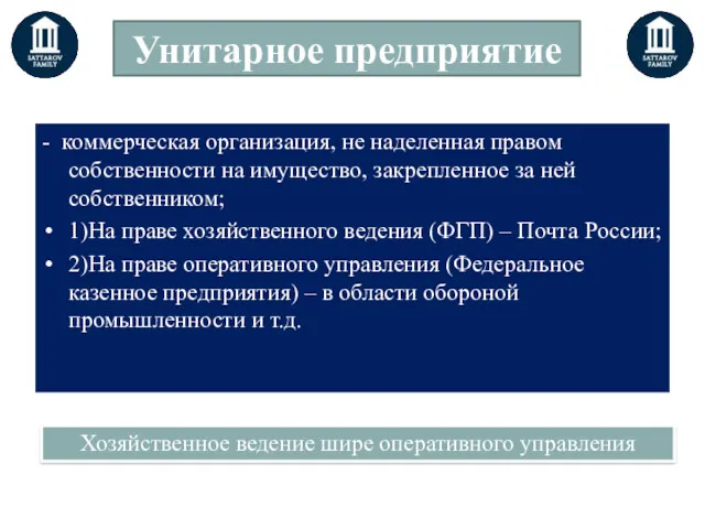 Унитарное предприятие - коммерческая организация, не наделенная правом собственности на