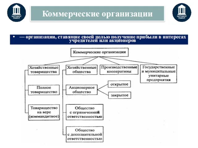 — организации, ставящие своей целью получение прибыли в интересах учредителей или акционеров Коммерческие организации