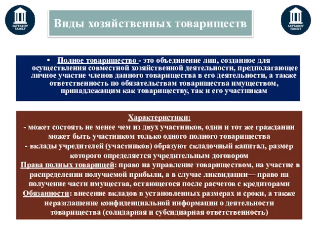 Виды хозяйственных товариществ Полное товарищество - это объединение лиц, созданное