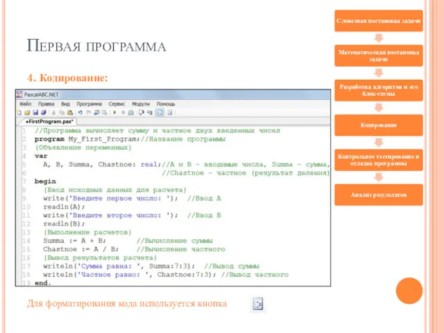 Первая программа 4. Кодирование: Для форматирования кода используется кнопка
