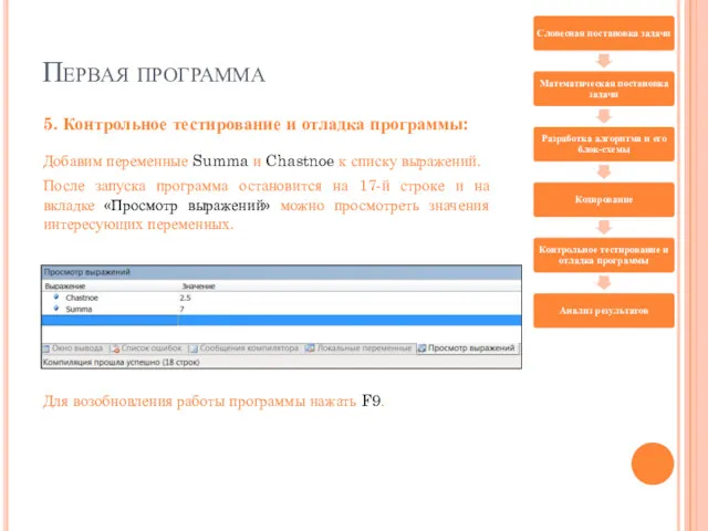 Первая программа 5. Контрольное тестирование и отладка программы: Добавим переменные