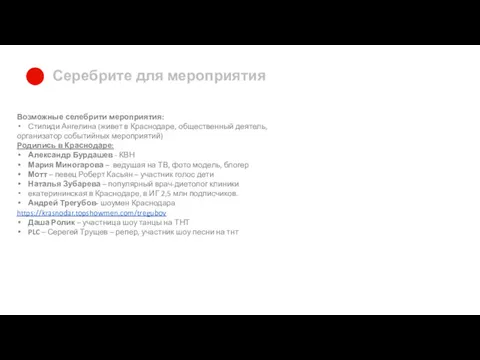 Серебрите для мероприятия Возможные селебрити мероприятия: Стипиди Ангелина (живет в