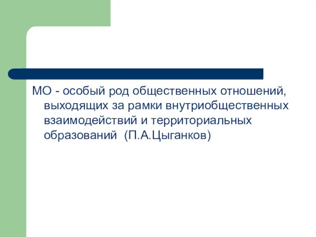 МО - особый род общественных отношений, выходящих за рамки внутриобщественных взаимодействий и территориальных образований (П.А.Цыганков)