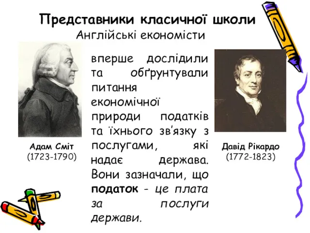 Представники класичної школи Англійські економісти вперше дослідили та обґрунтували питання