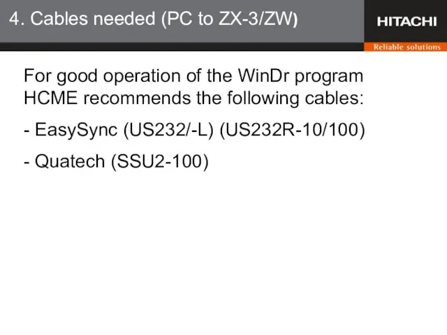 4. Cables needed (PC to ZX-3/ZW) For good operation of