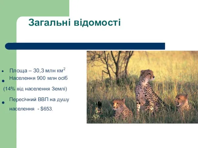 Загальні відомості Площа – 30,3 млн км2 Населення 900 млн