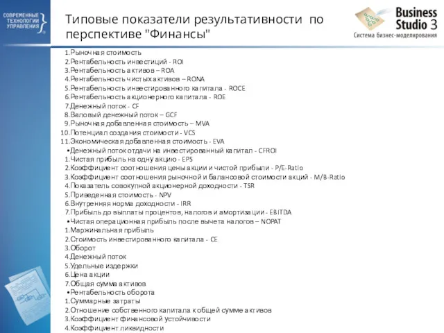 Типовые показатели результативности по перспективе "Финансы" Рыночная стоимость Рентабельность инвестиций