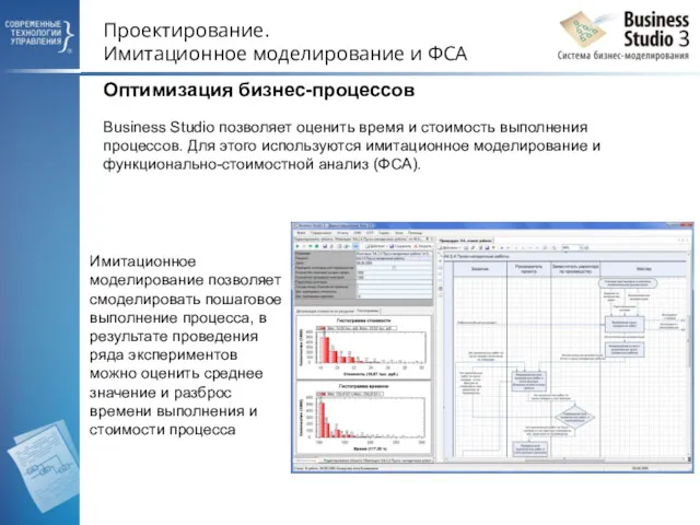 Проектирование. Имитационное моделирование и ФСА Оптимизация бизнес-процессов Business Studio позволяет