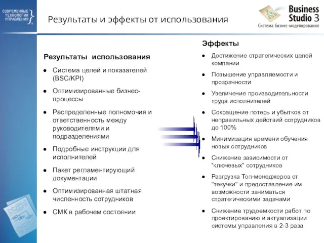 Результаты и эффекты от использования Результаты использования Система целей и