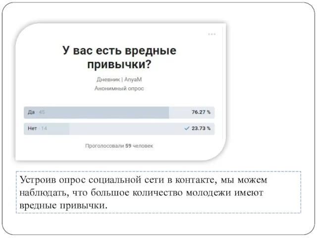 Устроив опрос социальной сети в контакте, мы можем наблюдать, что большое количество молодежи имеют вредные привычки.