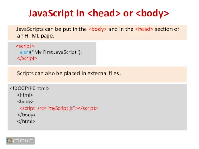 JavaScript in or JavaScripts can be put in the and