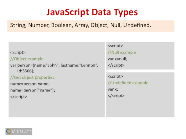 JavaScript Data Types String, Number, Boolean, Array, Object, Null, Undefined.