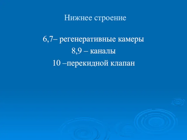 Нижнее строение 6,7– регенеративные камеры 8,9 – каналы 10 –перекидной клапан