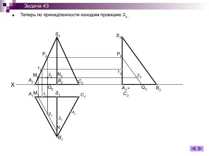 Теперь по принадлежности находим проекцию 23 . A1 B1 S1