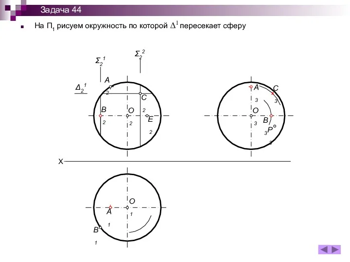 На П1 рисуем окружность по которой Δ1 пересекает сферу X