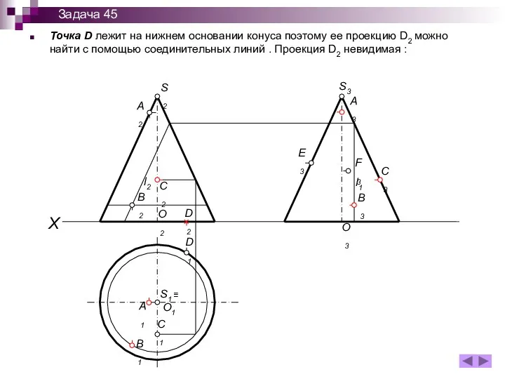 Точка D лежит на нижнем основании конуса поэтому ее проекцию