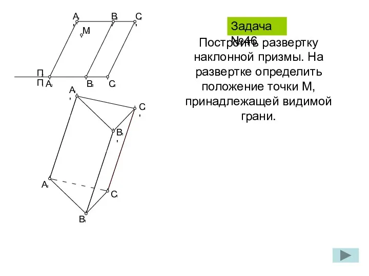 Построить развертку наклонной призмы. На развертке определить положение точки M,