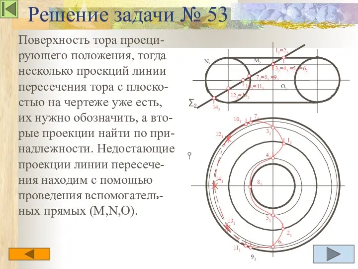 Решение задачи № 53 Поверхность тора проеци-рующего положения, тогда несколько