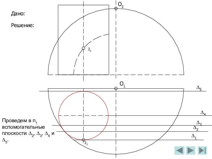 О2 О1 Дано: Решение: ∆1 Проведем в п1 вспомогательные плоскости