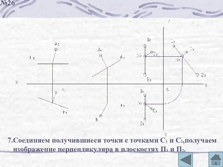 7.Соединяем получившиеся точки с точками С1 и С2,получаем изображение перпендикуляра в плоскостях П1 и П2. №26