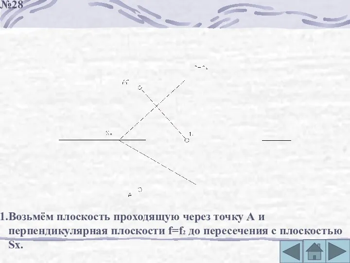 1.Возьмём плоскость проходящую через точку А и перпендикулярная плоскости f=f2 до пересечения с плоскостью Sx. №28