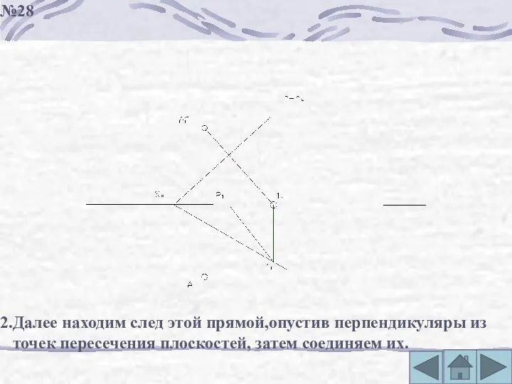 2.Далее находим след этой прямой,опустив перпендикуляры из точек пересечения плоскостей, затем соединяем их. №28