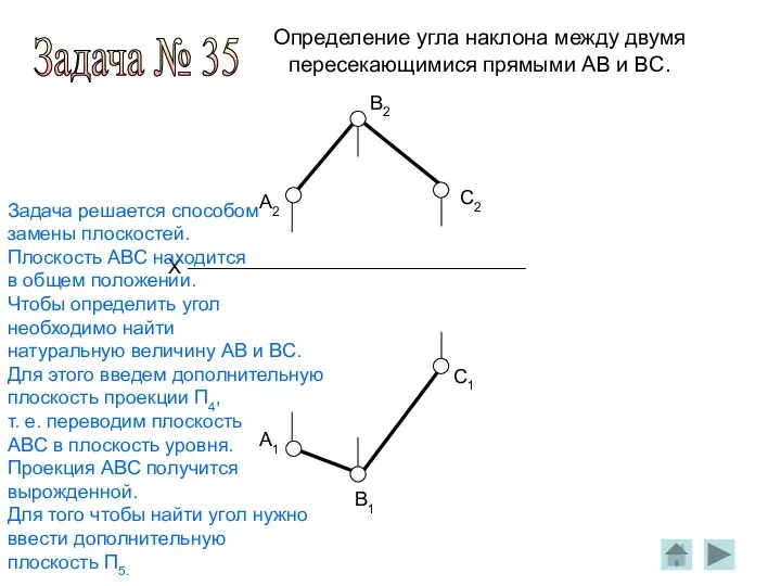 Определение угла наклона между двумя пересекающимися прямыми AB и BC.