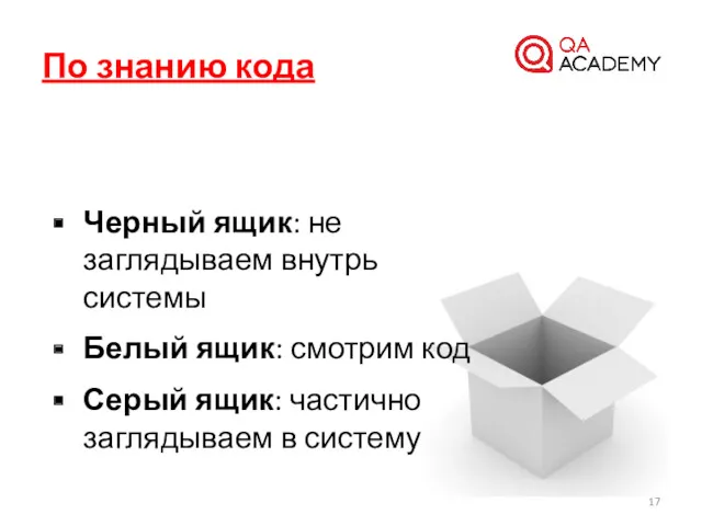 Черный ящик: не заглядываем внутрь системы Белый ящик: смотрим код