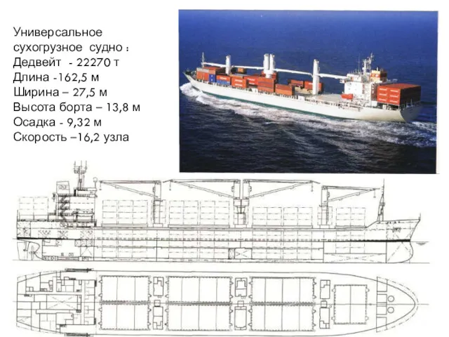 Универсальное сухогрузное судно : Дедвейт - 22270 т Длина -162,5 м Ширина –