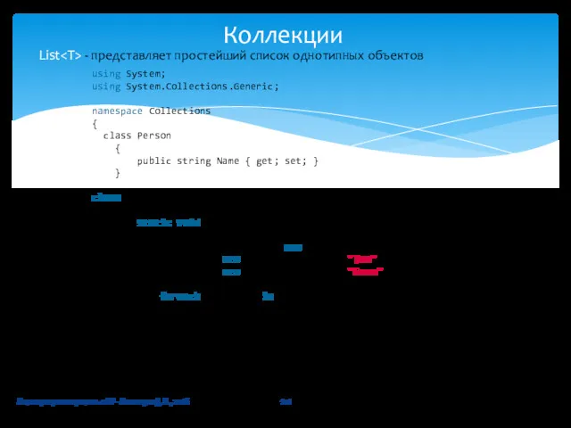 Коллекции Язык программирования C# - Кислицын Д.И., 2016 List -