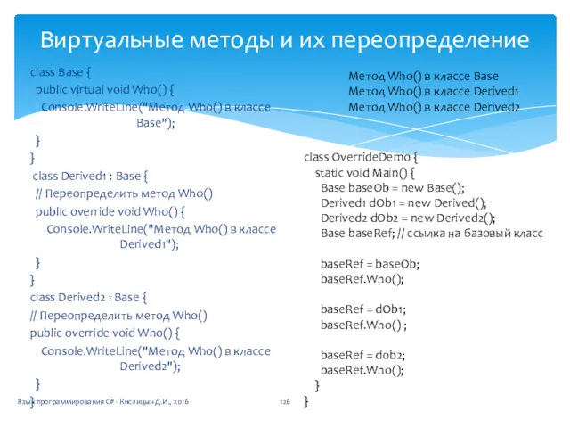 Виртуальные методы и их переопределение class Base { public virtual